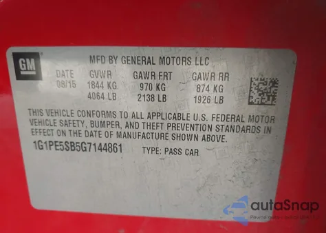 2016 Chevrolet Cruze Limited 1Lt Auto z USA, uszkodzony, nr VIN 1G1PE5SB5G7144861